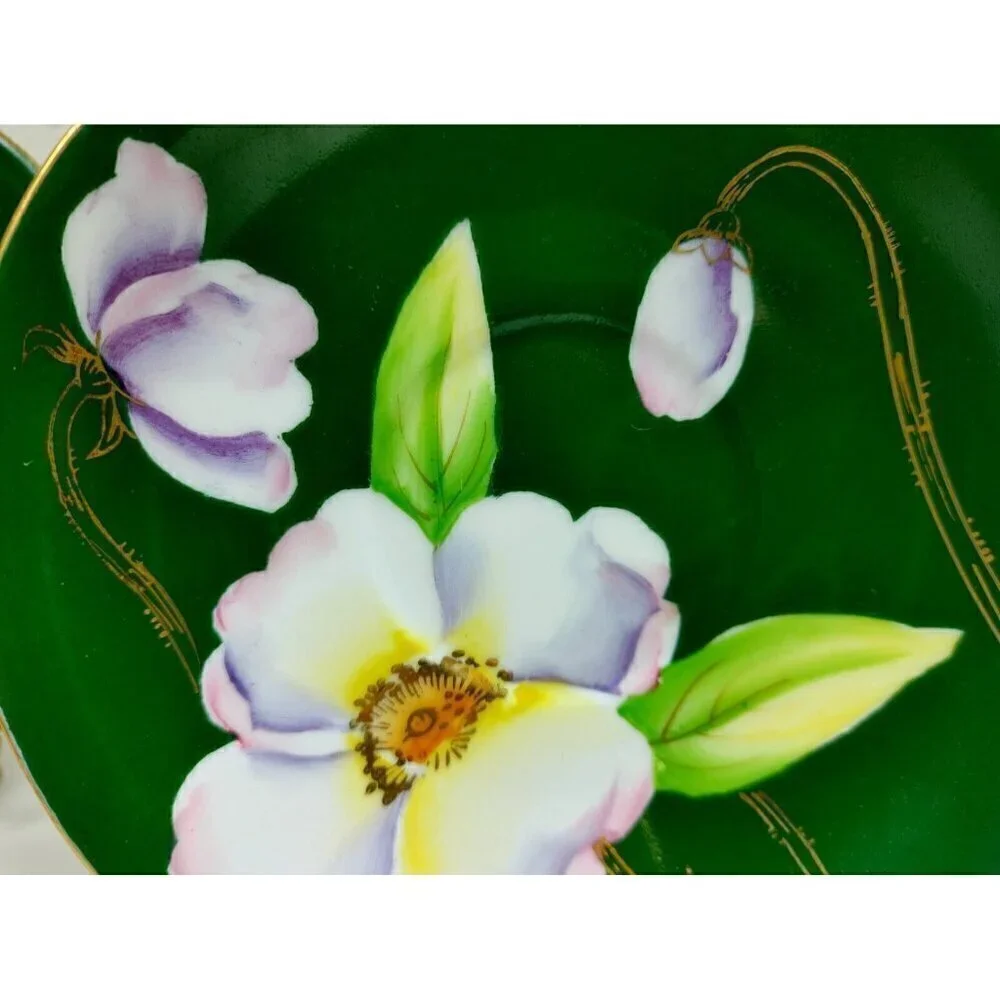 Silver China Occupied Japan Green Hand Painted Flowers Gold Trim Saucer Set Of 3